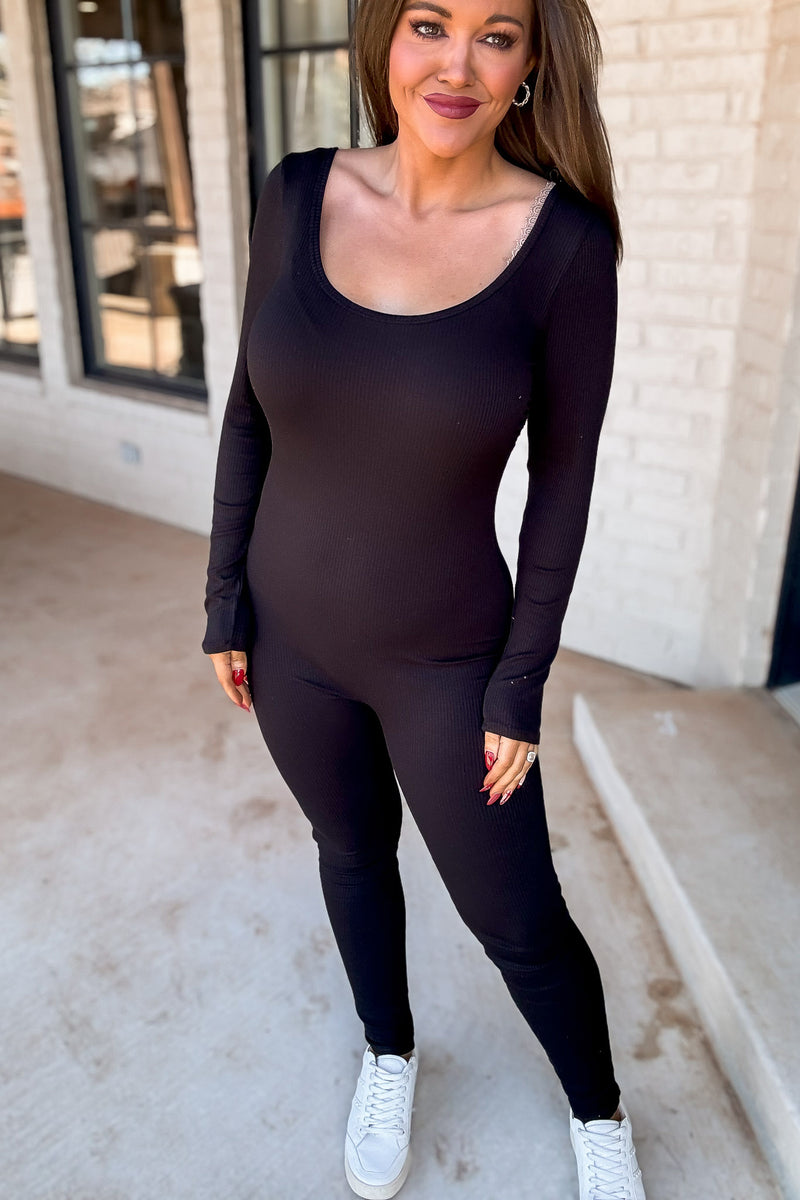 Scoop Neck Black Ruching Detail Long Sleeve Cat Suit