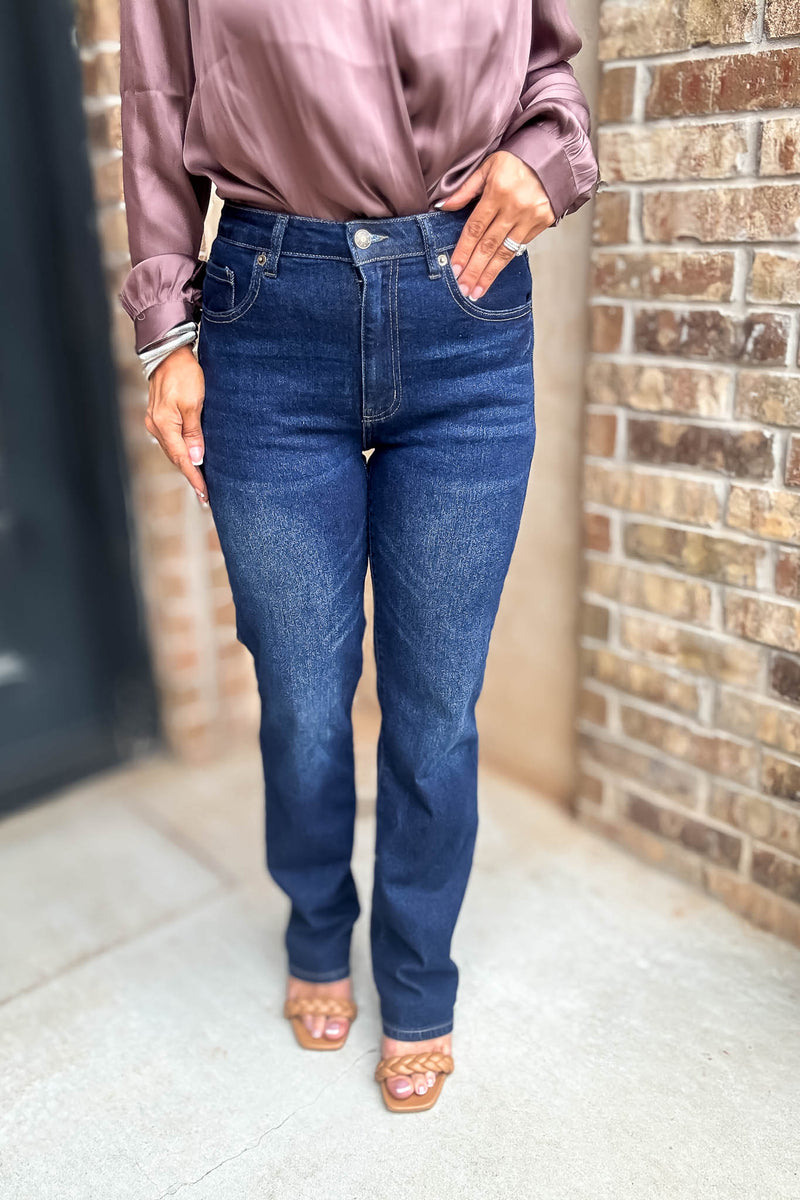 Best Dark Denim Button Closure Stretch Washed Denim Wide Leg Pants