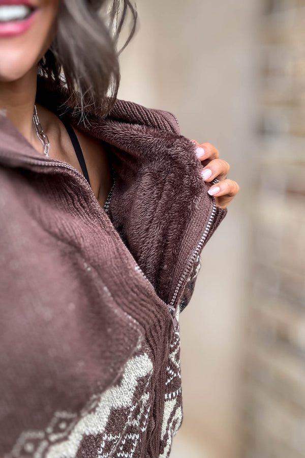 Brown Zipper Closure Front Pockets Print Sweater