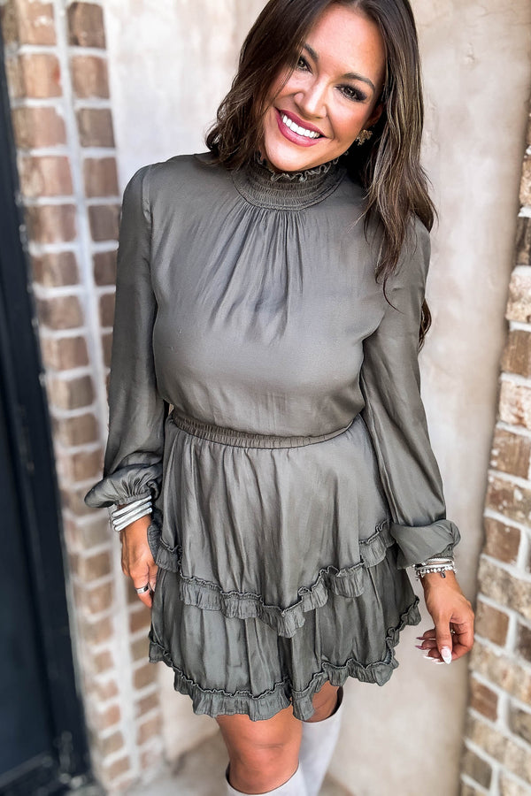 Olive Smock Neck Ruffle Dress