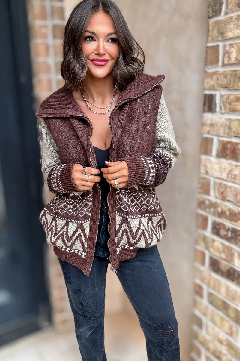 Brown Zipper Closure Front Pockets Print Sweater