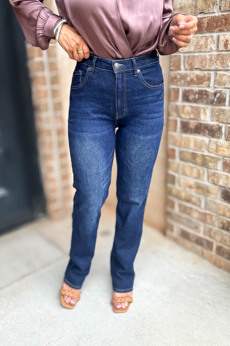Best Dark Denim Button Closure Stretch Washed Denim Wide Leg Pants