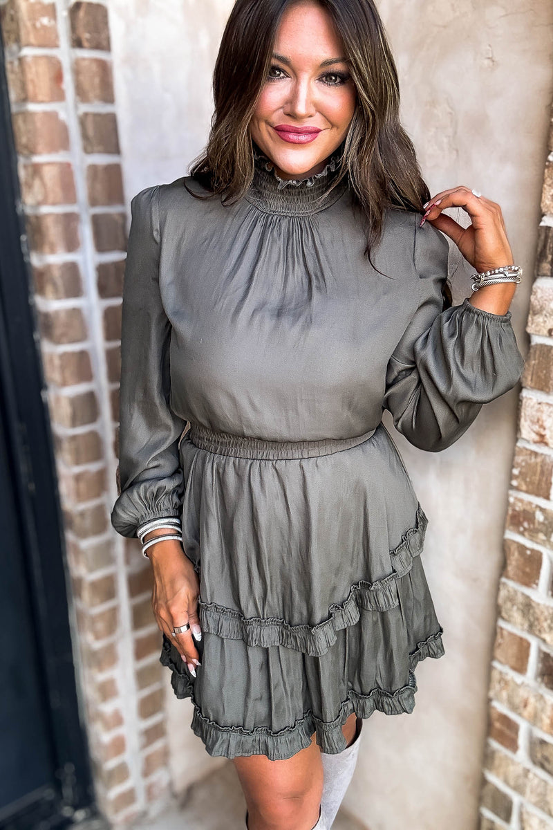 Olive Smock Neck Ruffle Dress