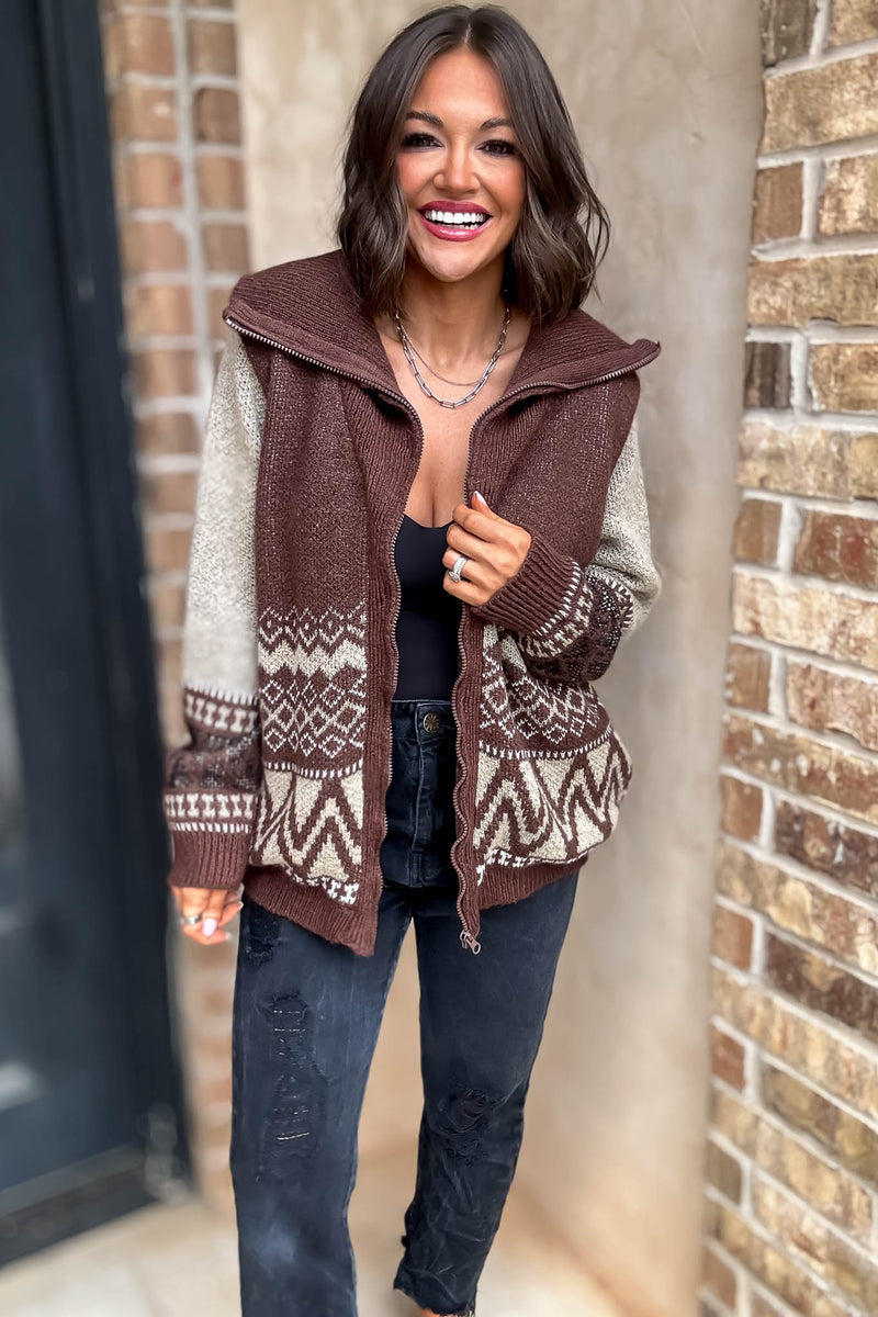 Brown Zipper Closure Front Pockets Print Sweater