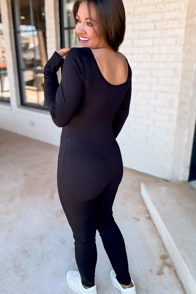 Scoop Neck Black Ruching Detail Long Sleeve Cat Suit