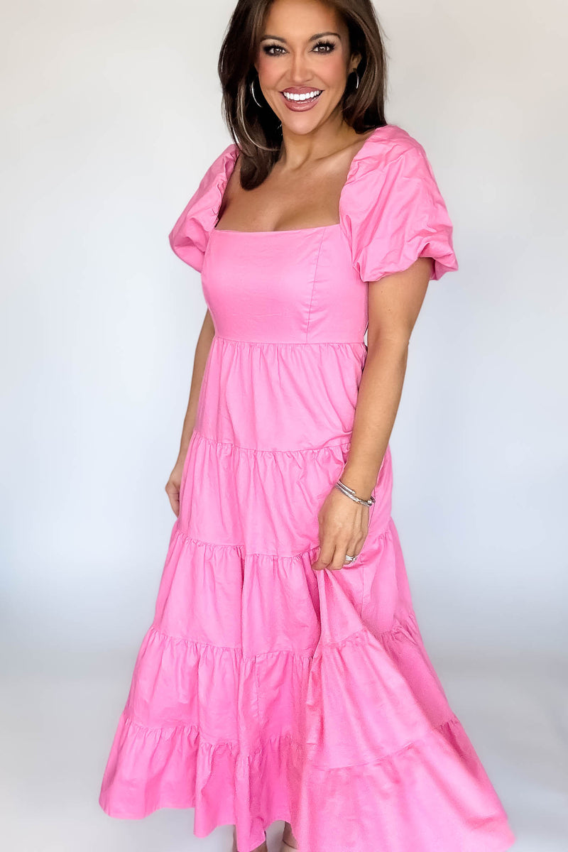 Barbie Pink Square Neckline Tiered Midi Dress