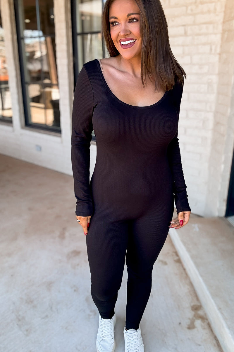 Scoop Neck Black Ruching Detail Long Sleeve Cat Suit
