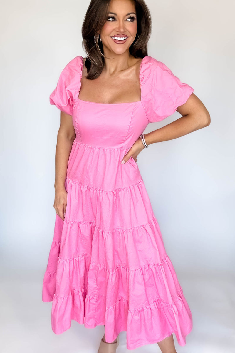 Barbie Pink Square Neckline Tiered Midi Dress
