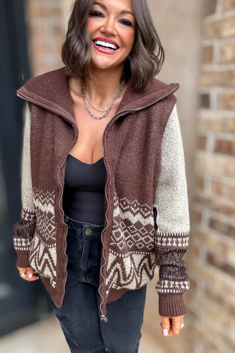 Brown Zipper Closure Front Pockets Print Sweater
