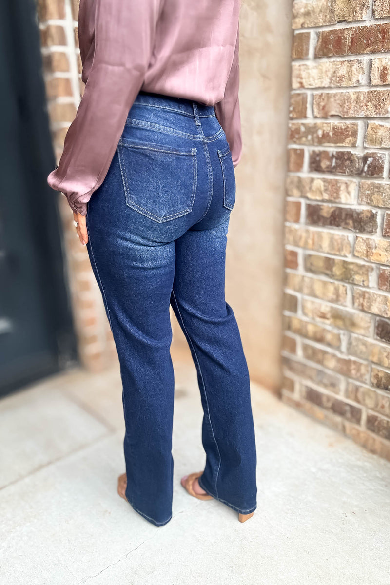 Best Dark Denim Button Closure Stretch Washed Denim Wide Leg Pants