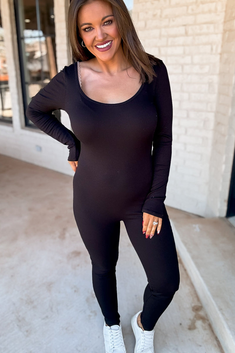 Scoop Neck Black Ruching Detail Long Sleeve Cat Suit