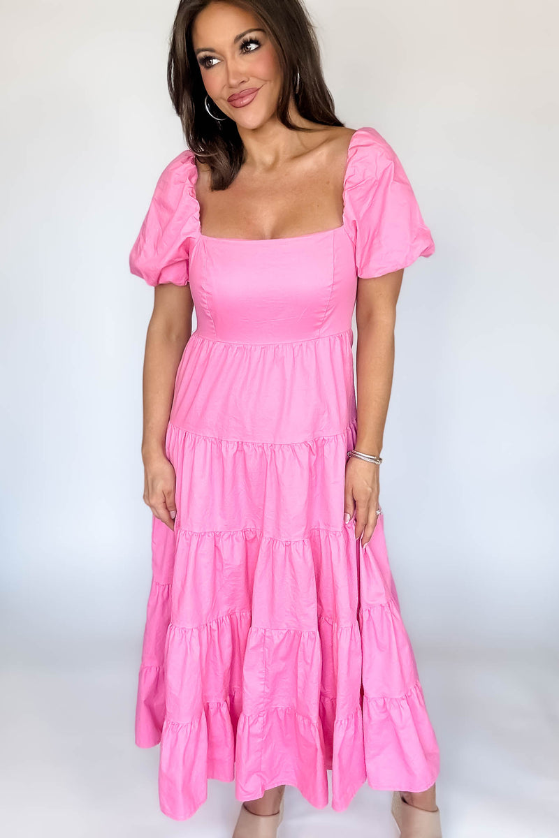 Barbie Pink Square Neckline Tiered Midi Dress