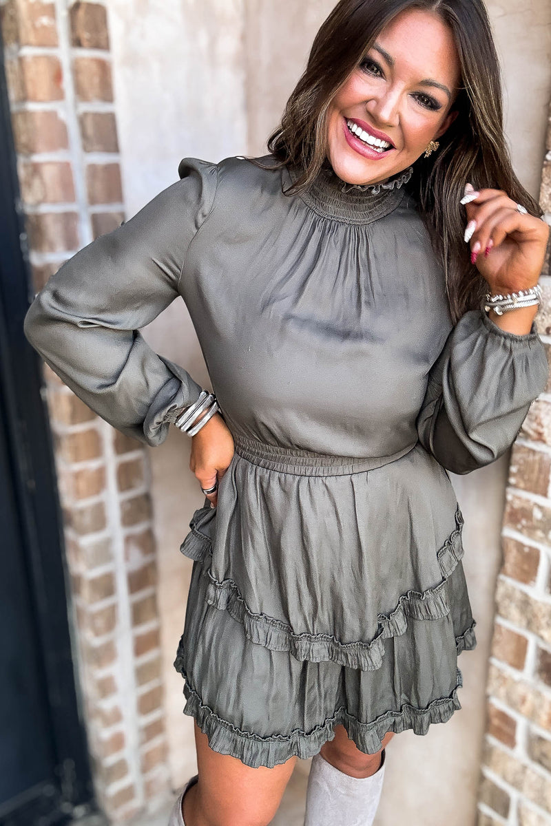 Olive Smock Neck Ruffle Dress