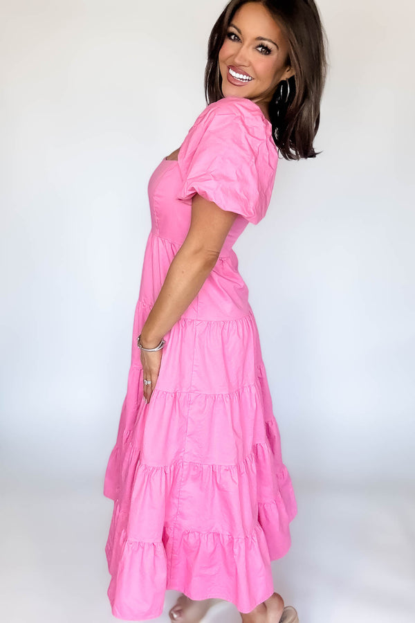 Barbie Pink Square Neckline Tiered Midi Dress
