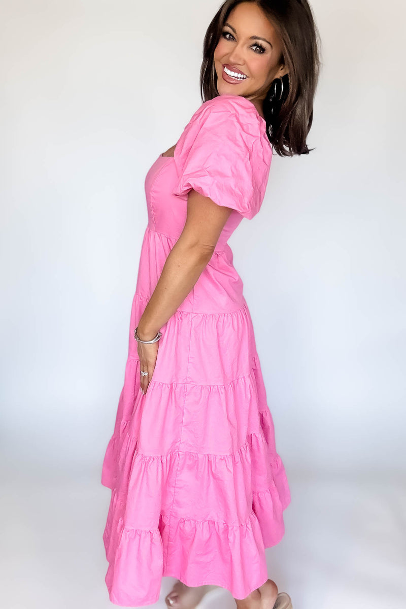 Barbie Pink Square Neckline Tiered Midi Dress