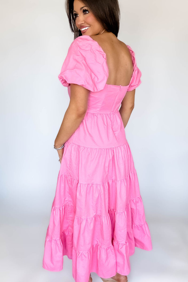 Barbie Pink Square Neckline Tiered Midi Dress