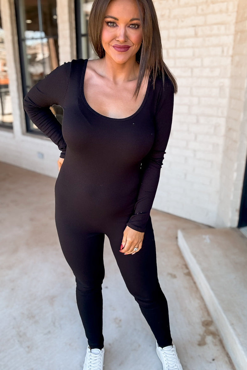 Scoop Neck Black Ruching Detail Long Sleeve Cat Suit