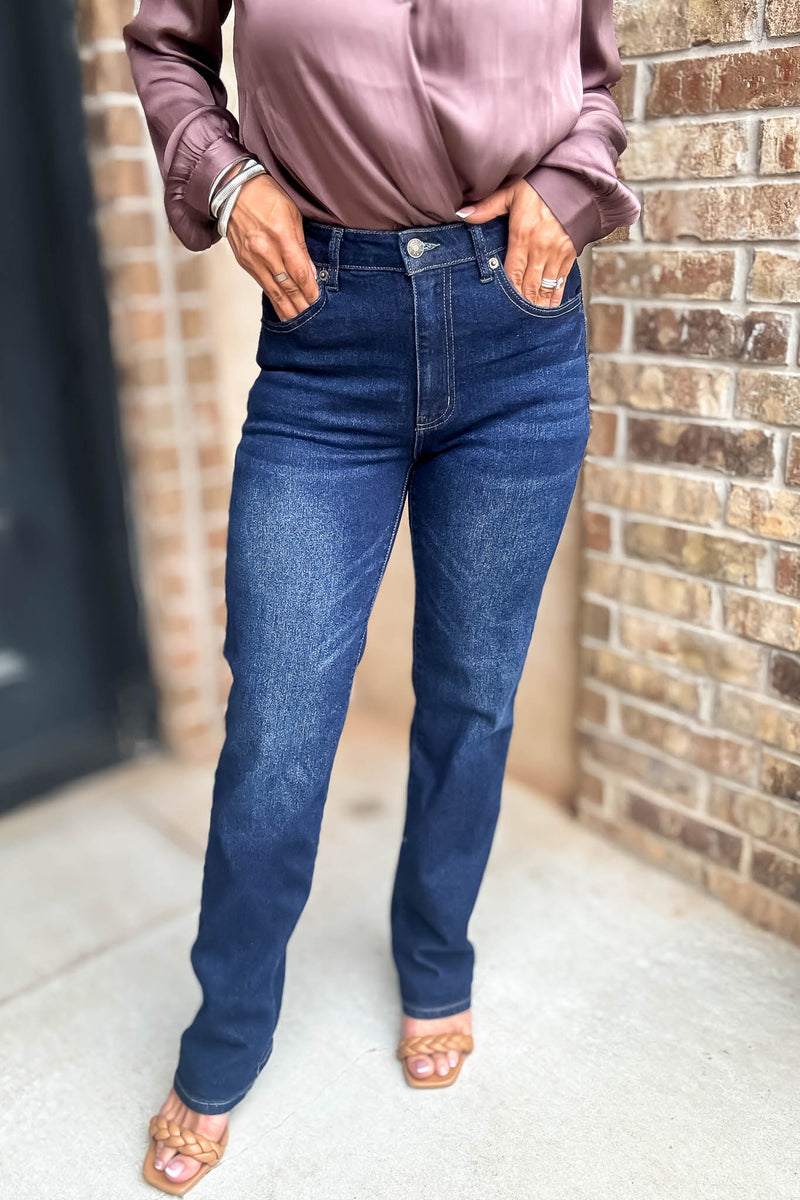 Best Dark Denim Button Closure Stretch Washed Denim Wide Leg Pants