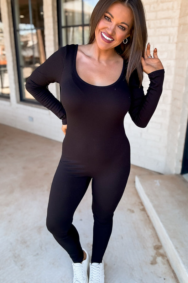 Scoop Neck Black Ruching Detail Long Sleeve Cat Suit