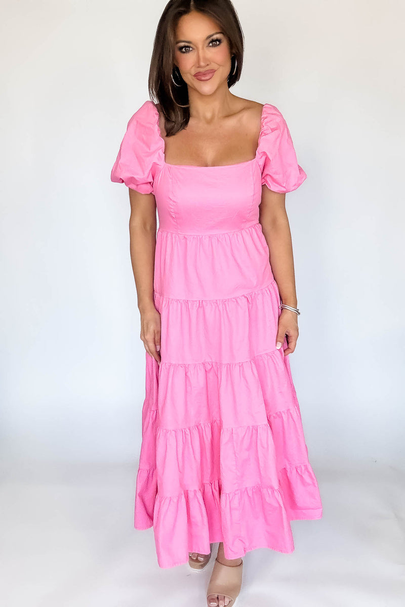 Barbie Pink Square Neckline Tiered Midi Dress