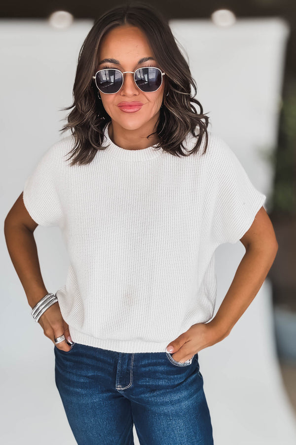 Round Neck Sand Beige Banded Botton Short Sleeve Sweater