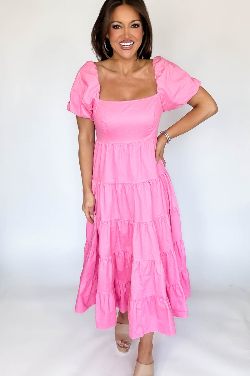 Barbie Pink Square Neckline Tiered Midi Dress
