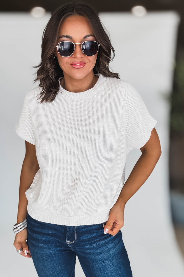 Round Neck Sand Beige Banded Botton Short Sleeve Sweater