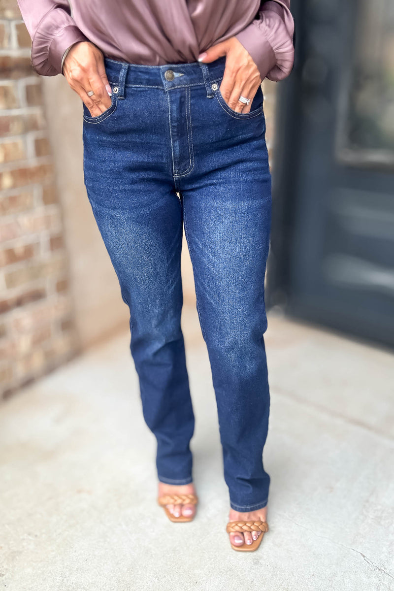 Best Dark Denim Button Closure Stretch Washed Denim Wide Leg Pants