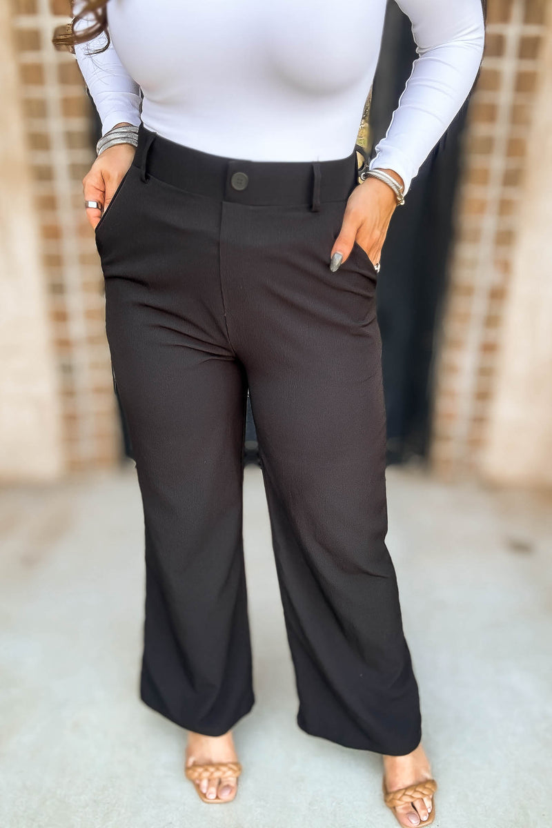 High Rise Black Elastic Back Wide Leg Pants