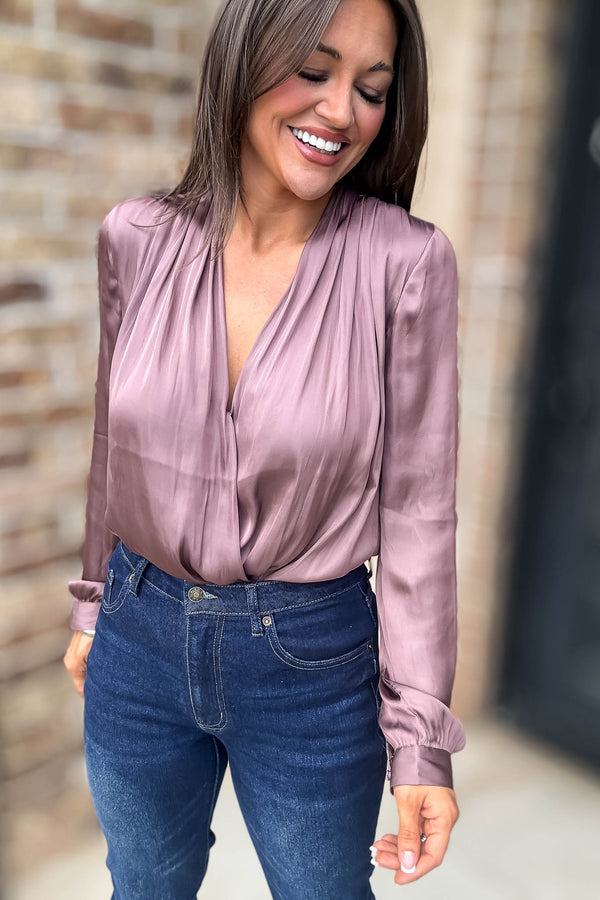 Button Front Mauve Long Sleeve V Neck Loose Fit Bodysuit