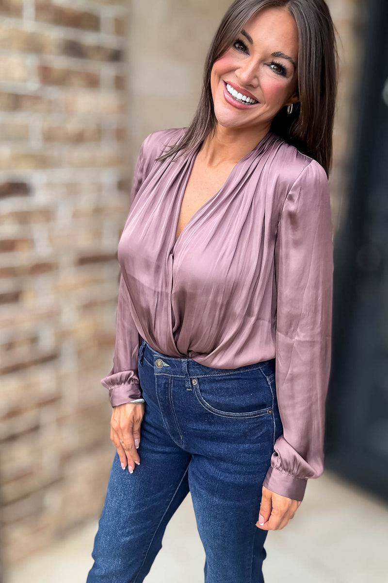 Button Front Mauve Long Sleeve V Neck Loose Fit Bodysuit
