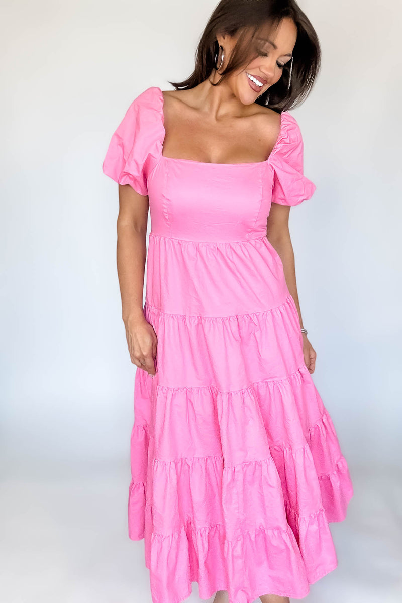 Barbie Pink Square Neckline Tiered Midi Dress