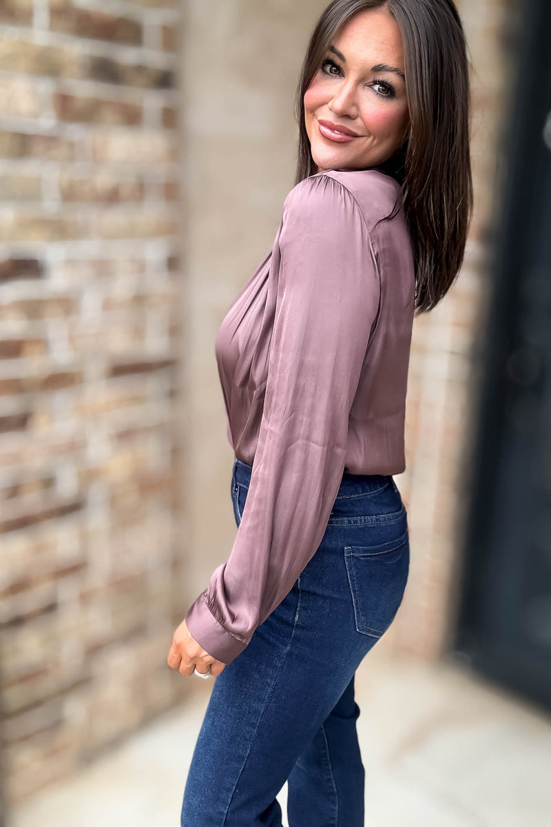 Button Front Mauve Long Sleeve V Neck Loose Fit Bodysuit
