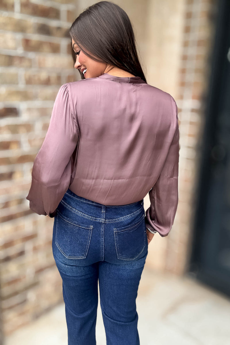Button Front Mauve Long Sleeve V Neck Loose Fit Bodysuit