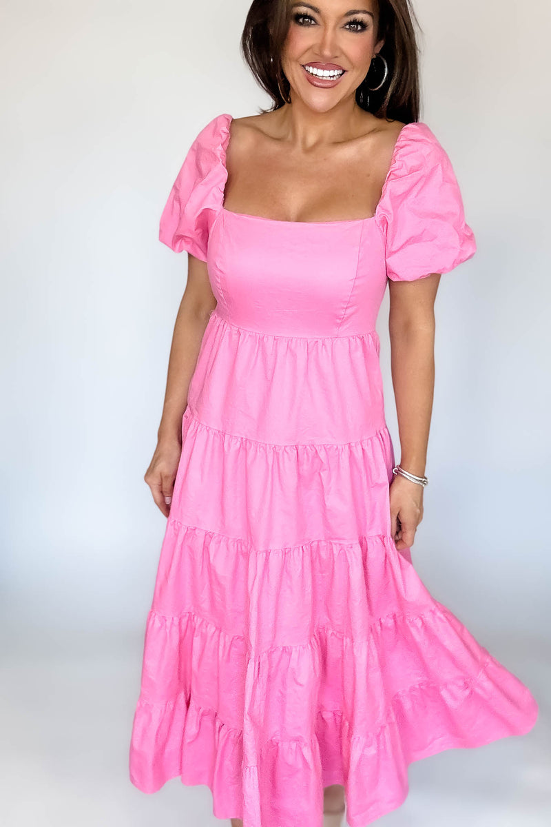 Barbie Pink Square Neckline Tiered Midi Dress