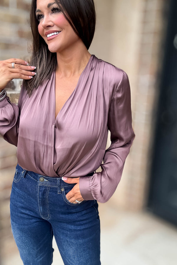 Button Front Mauve Long Sleeve V Neck Loose Fit Bodysuit