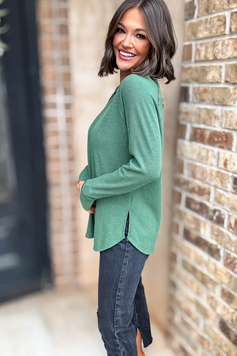 Dark Green Baby Waffle Long Sleeve Top