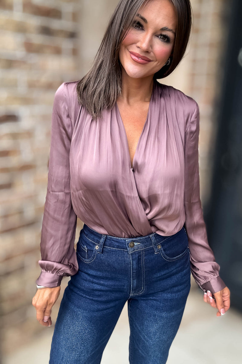 Button Front Mauve Long Sleeve V Neck Loose Fit Bodysuit