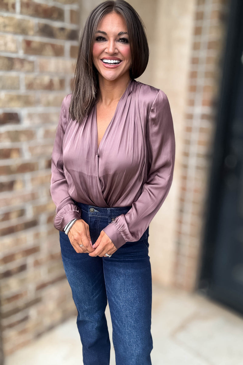 Button Front Mauve Long Sleeve V Neck Loose Fit Bodysuit