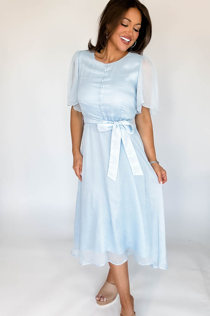 Baby Blue Flutter Sleeves Faux Button Front Mid Dress
