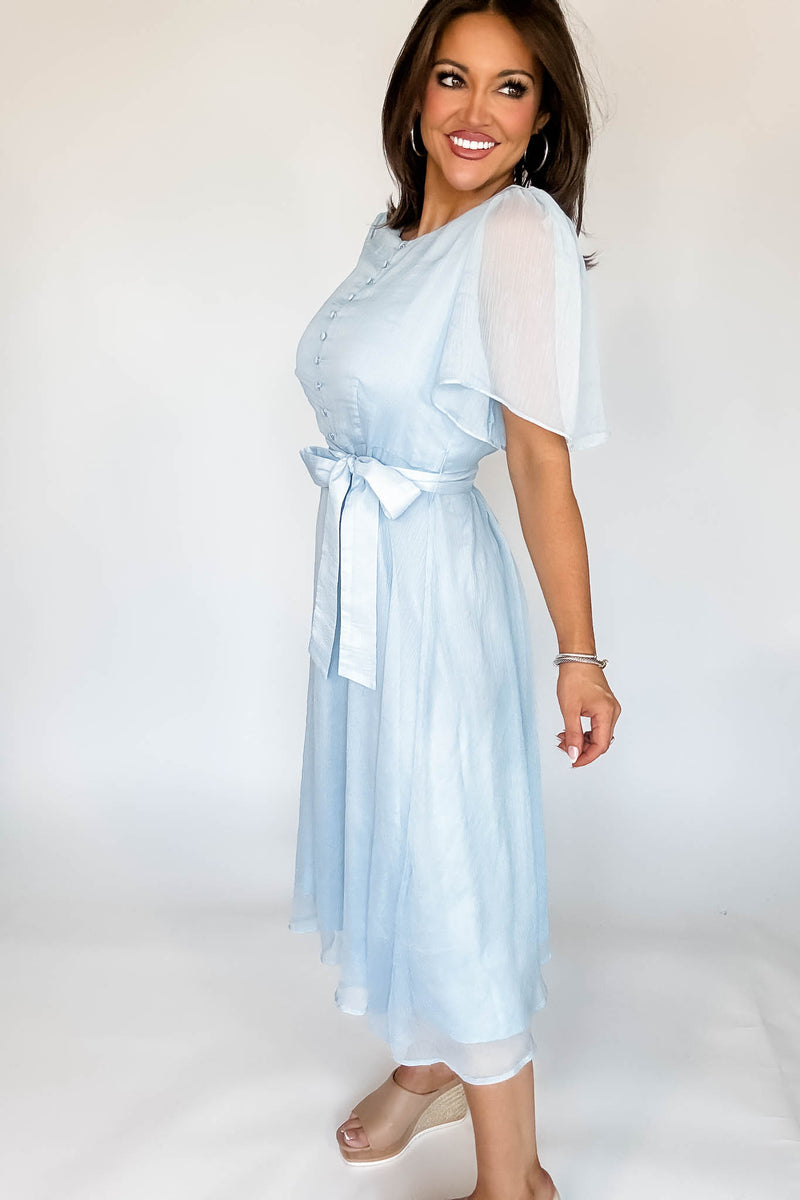 Baby Blue Flutter Sleeves Faux Button Front Mid Dress