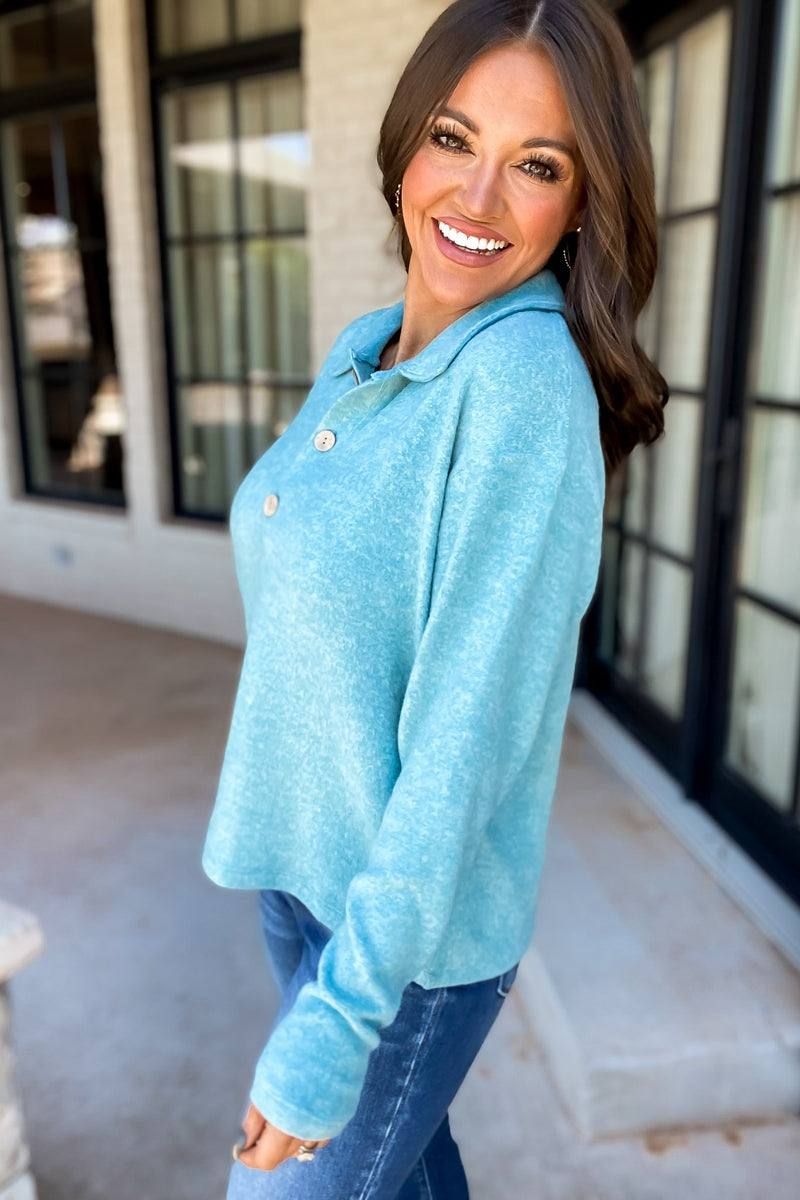 Perfect Timing Dusty Teal Brushed Melange Hacci Collared Sweater