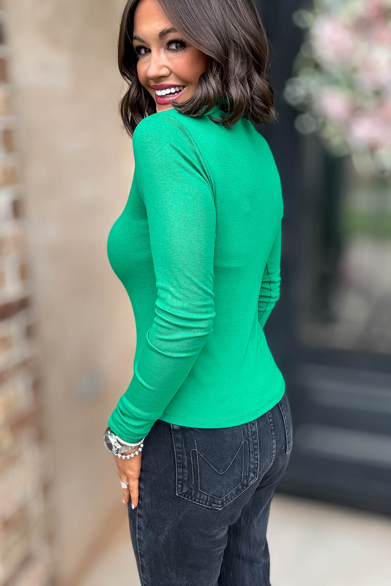Green Long Sleeve Mock Neck Rib Knit Top