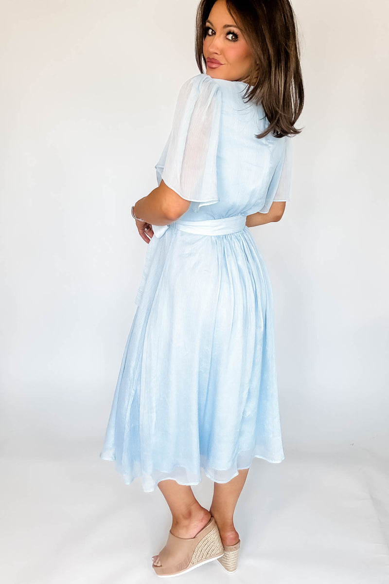 Baby Blue Flutter Sleeves Faux Button Front Mid Dress