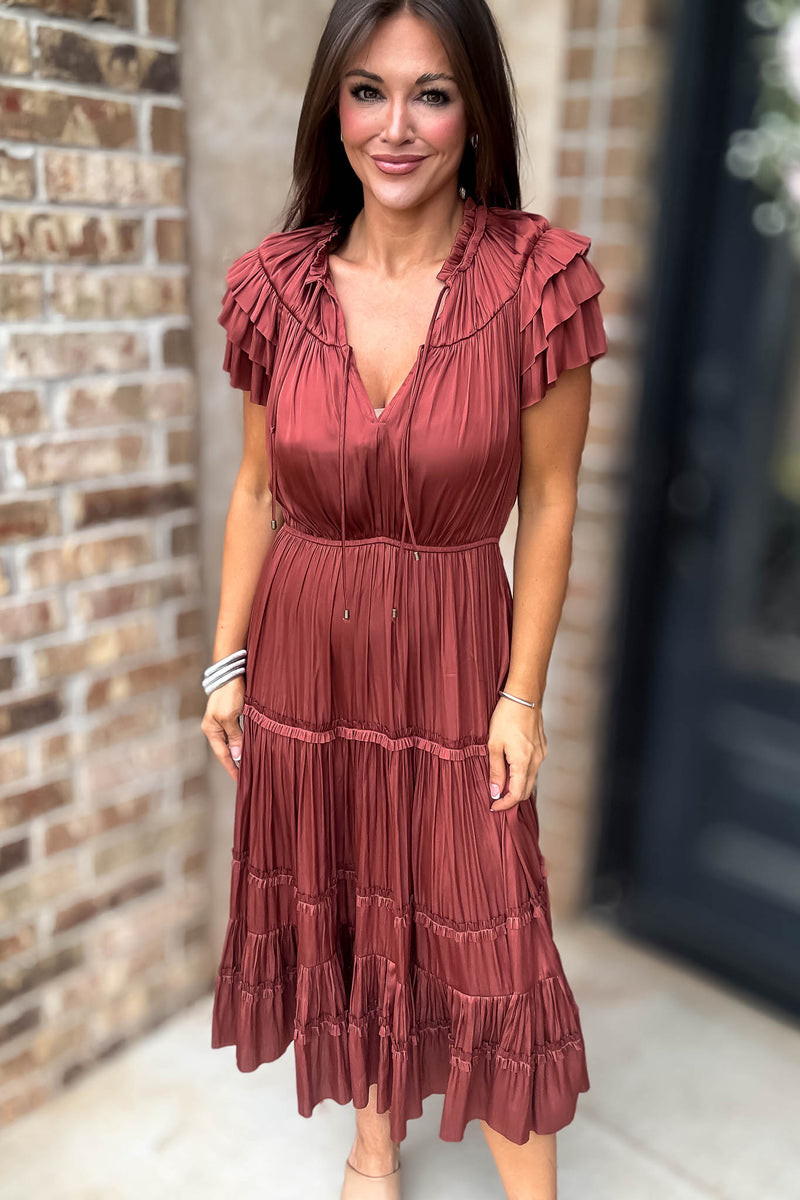Fall For It Rust Tier Short Sleeve Tie Front Elastic Waist Dress