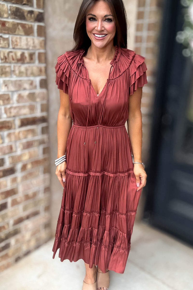 Fall For It Rust Tier Short Sleeve Tie Front Elastic Waist Dress