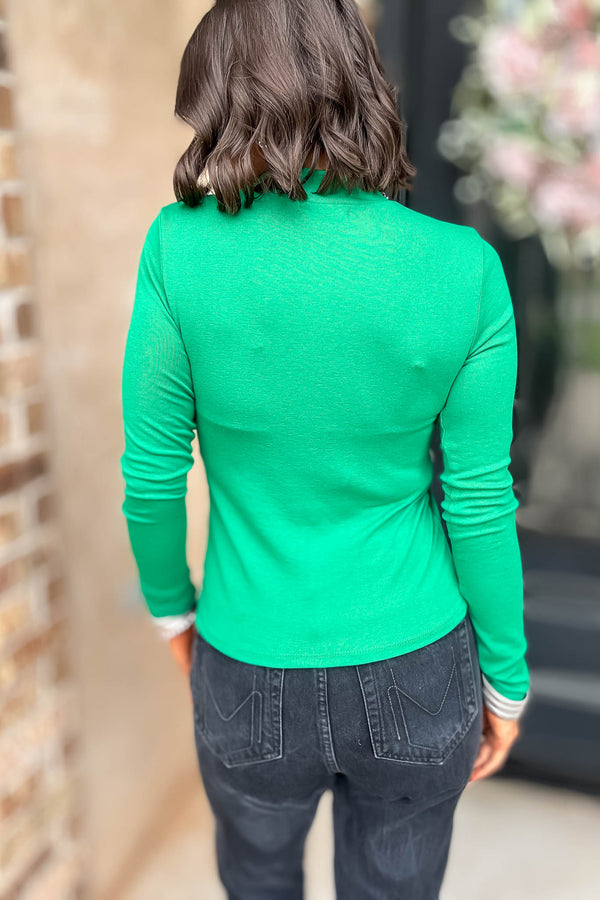 Green Long Sleeve Mock Neck Rib Knit Top