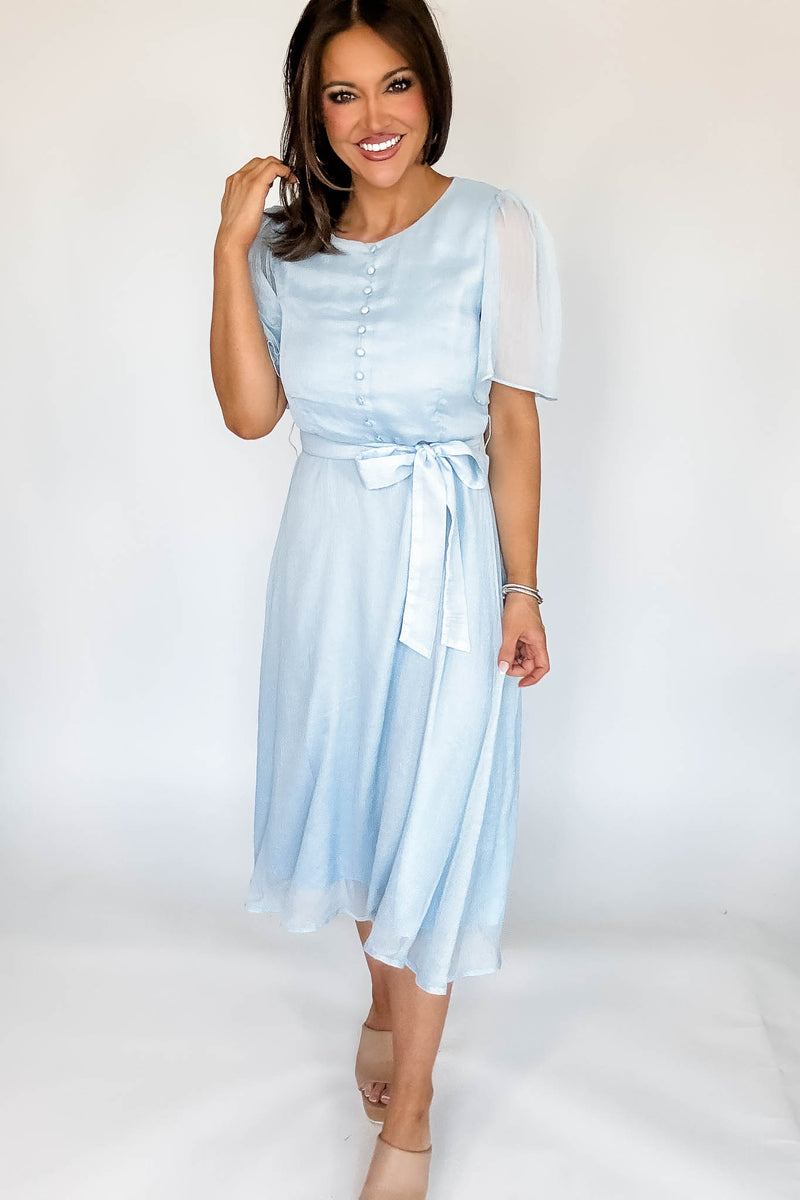 Baby Blue Flutter Sleeves Faux Button Front Mid Dress