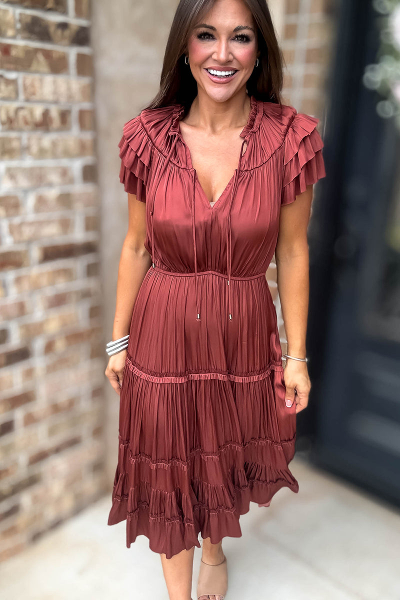 Fall For It Rust Tier Short Sleeve Tie Front Elastic Waist Dress