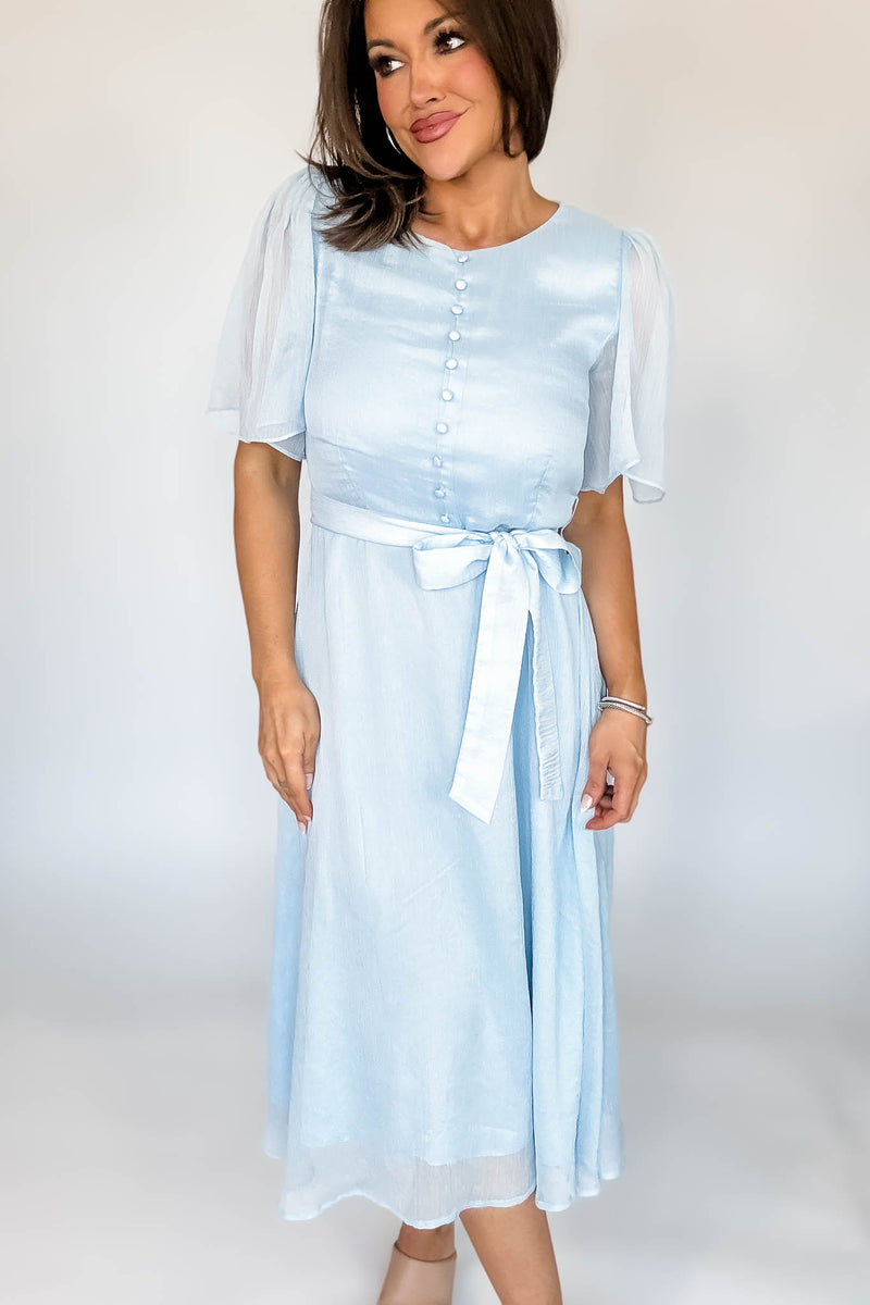 Baby Blue Flutter Sleeves Faux Button Front Mid Dress